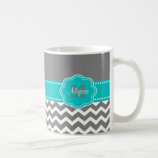 Grey and Blue Chevron Personalised Mug (Right)