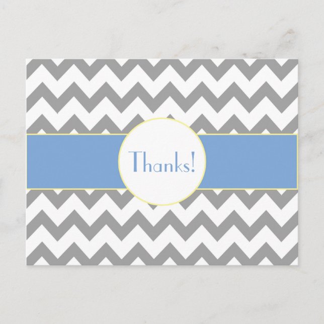 Grey and Blue Chevron Striped Monogram Thank You Postcard (Front)