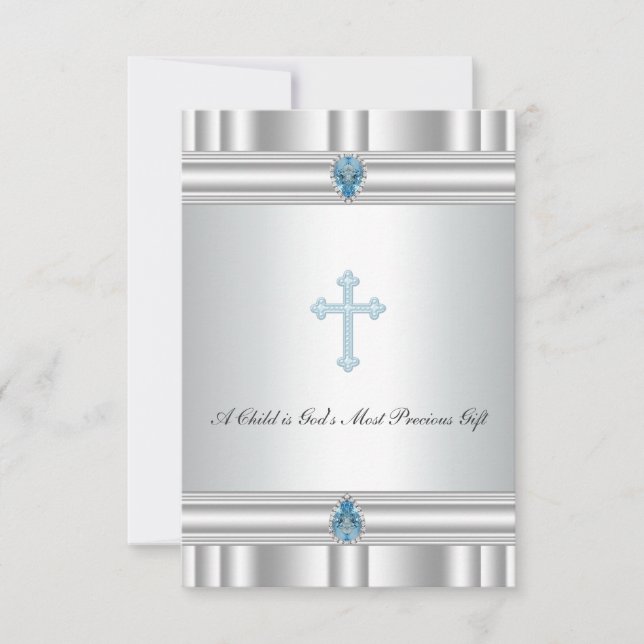 Grey and Blue Cross Christening Invitation (Front)