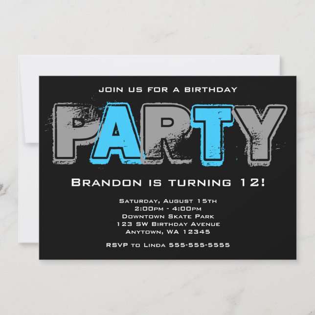 Grey and Blue Grunge Birthday Party Invitation (Front)