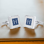 Grey and Blue Herringbone Pattern Monogram Silver Finish Cufflinks<br><div class="desc">Modern and trendy monogram and pattern design.</div>