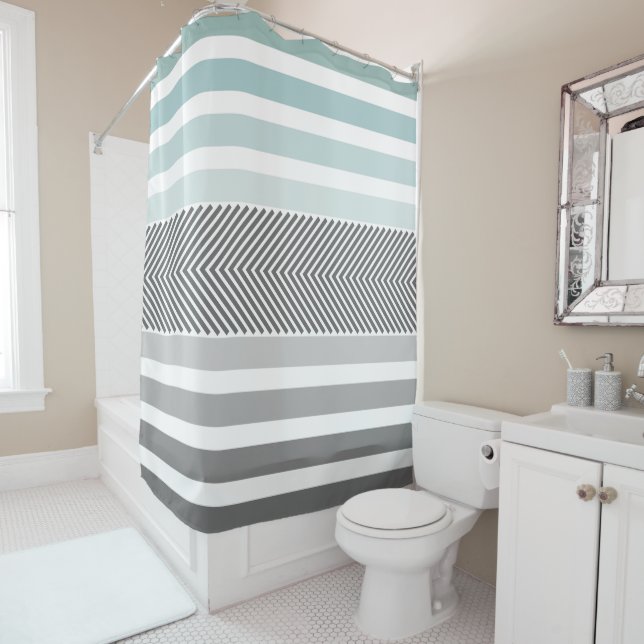 Grey and Blue Herringbone Shower Curtain (In Situ)