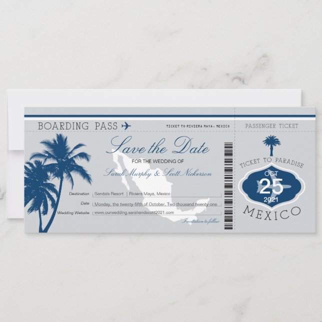Grey and Blue Mexico Boarding Pass Save the Date (Front)