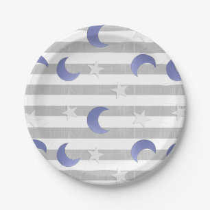 Grey and Blue Moon and Stars Baby Shower Paper Plate