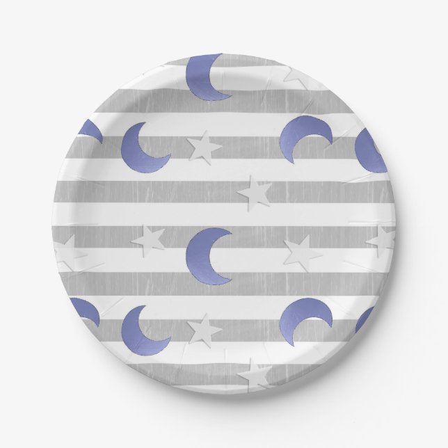 Grey and Blue Moon and Stars Baby Shower Paper Plate (Front)