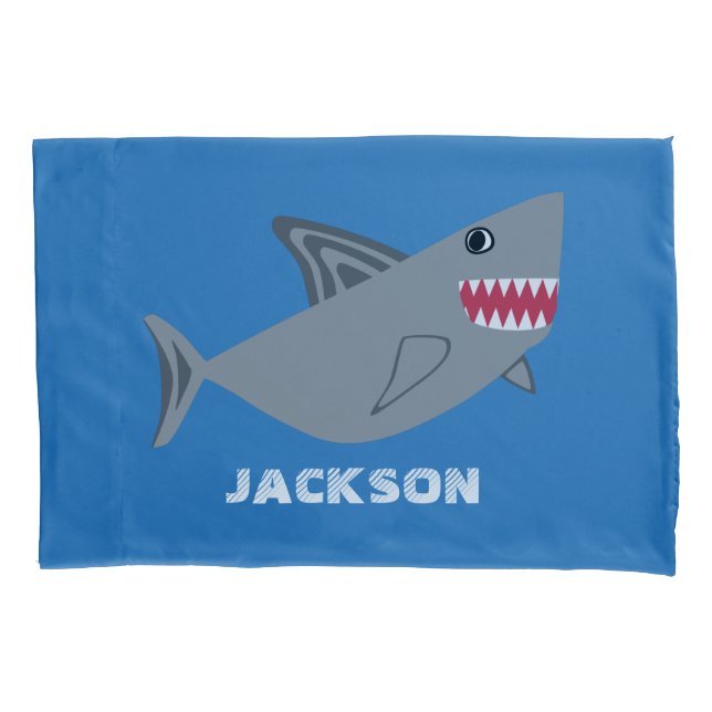 Grey and Blue Shark Kids Personalised Fish Pillowcase (Front)
