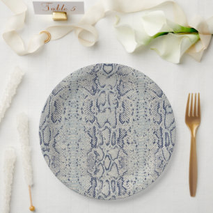 Grey and Blue Snake Skin Animal Print Paper Plate