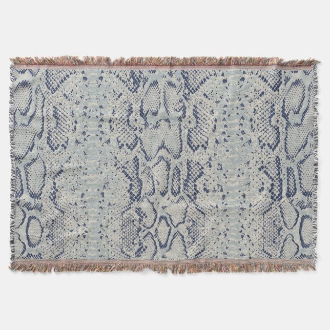 Grey and Blue Snake Skin Animal Print Throw Blanket (Front)