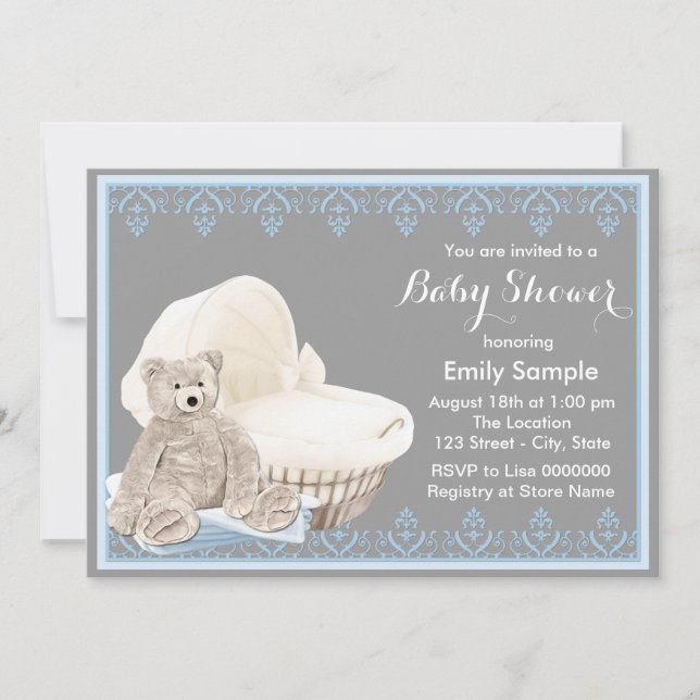 Grey and Blue Teddy Bear Baby Shower Invitation (Front)