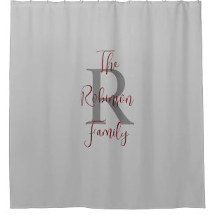 Grey and Burgundy Family Name Monogrammed Shower Curtain