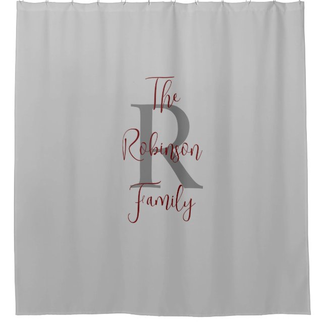 Grey and Burgundy Family Name Monogrammed  Shower Curtain (Front)