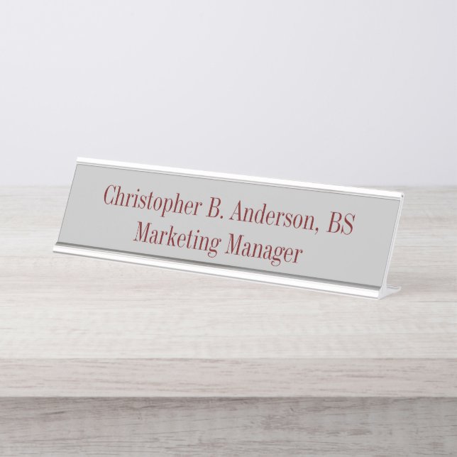 Grey and Burgundy  Professional Modern Classy Desk Name Plate (Front)
