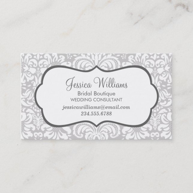 Grey and Charcoal Elegant Floral Damask Business Card (Front)