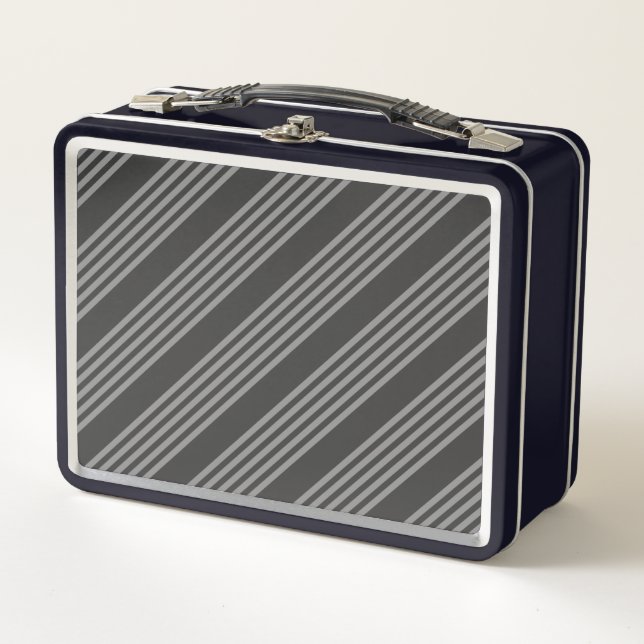 Grey and charcoal five stripes pattern metal lunch box (Front)