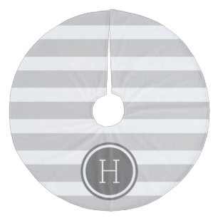 Grey and Charcoal Preppy Stripes Monogram Fleece Tree Skirt