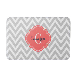 Grey and Coral Chevron Monogram Bath Mat