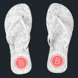 Grey and Coral Floral Damask Monogram Thongs<br><div class="desc">Custom printed flip flop sandals with a stylish elegant floral damask pattern and your custom monogram or other text in a circle frame. Click Customise It to change text fonts and colours or add your own images to create a unique one of a kind design!</div>