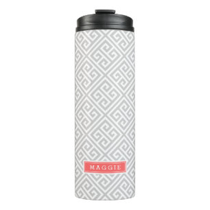 Grey and Coral Greek Key Monogram Thermal Tumbler