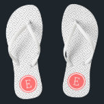 Grey and Coral Greek Key Monogram Thongs<br><div class="desc">Custom printed flip flop sandals with a stylish modern Greek key pattern and your custom monogram or other text in a circle frame. Click Customise It to change text fonts and colours or add your own images to create a unique one of a kind design!</div>