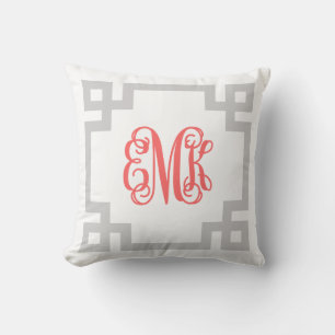 Grey and Coral Greek Key Script Monogram Cushion