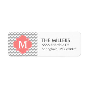 Grey and Coral Modern Chevron Custom Monogram Return Address Label