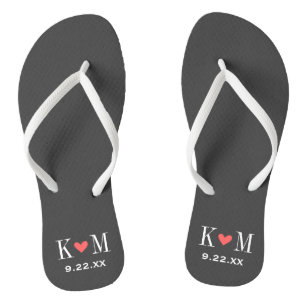 Grey and Coral Modern Wedding Monogram Thongs