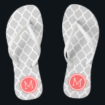 Grey and Coral Moroccan Quatrefoil Monogram Thongs<br><div class="desc">Custom printed flip flop sandals with a stylish Moroccan quatrefoil pattern and your custom monogram or other text in a circle frame. Click Customise It to change text fonts and colours or add your own images to create a unique one of a kind design!</div>