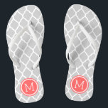 Grey and Coral Moroccan Quatrefoil Monogram Thongs<br><div class="desc">Custom printed flip flop sandals with a stylish Moroccan quatrefoil pattern and your custom monogram or other text in a circle frame. Click Customise It to change text fonts and colours or add your own images to create a unique one of a kind design!</div>