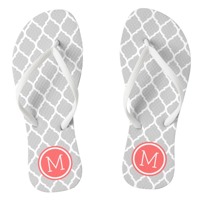 Grey and Coral Moroccan Quatrefoil Monogram Thongs (Footbed)