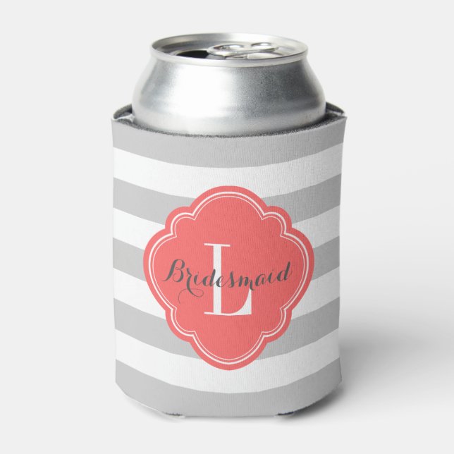 Grey and Coral Preppy Stripes Monogram Can Cooler (Can Front)