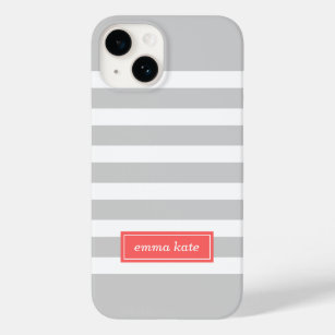 Grey and Coral Preppy Stripes Monogram Case-Mate iPhone 14 Case