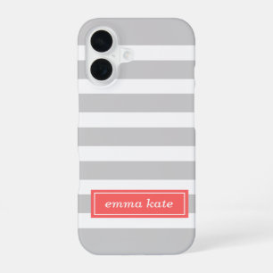 Grey and Coral Preppy Stripes Monogram iPhone 16 Case