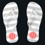 Grey and Coral Preppy Stripes Monogram Thongs<br><div class="desc">Custom printed flip flop sandals with a preppy nautical stripe pattern and your custom monogram or other text in a circle frame. Click Customise It to change text fonts and colours or add your own images to create a unique one of a kind design!</div>