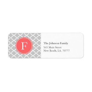 Grey and Coral Quatrefoil Monogram Address Labels