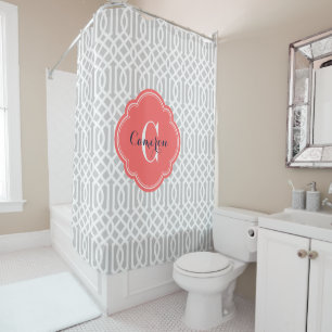 Grey and Coral Trellis Monogram Shower Curtain