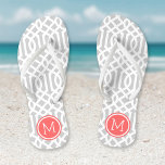 Grey and Coral Trellis Monogram Thongs<br><div class="desc">Custom printed flip flop sandals with a stylish modern trellis pattern and your custom monogram or other text in a circle frame. Click Customise It to change text fonts and colours or add your own images to create a unique one of a kind design!</div>