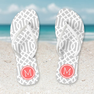 Grey and Coral Trellis Monogram Thongs