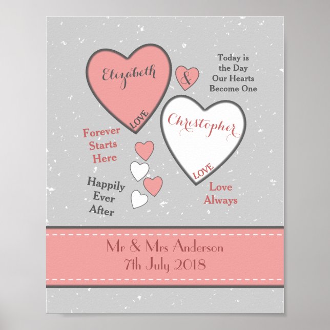 Grey and coral with hearts Wedding Poster (Front)