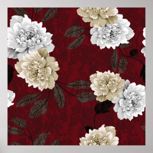 Grey and cream vintage flowers with leaves bunches poster