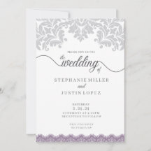 Grey and Dusty Purple Scroll Wedding Invitation