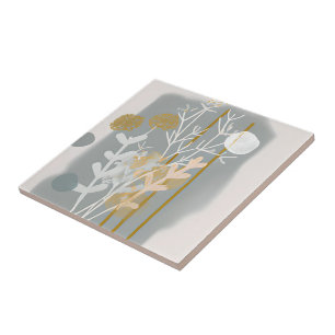 Grey and gold abstract botanical minimalist art ceramic tile