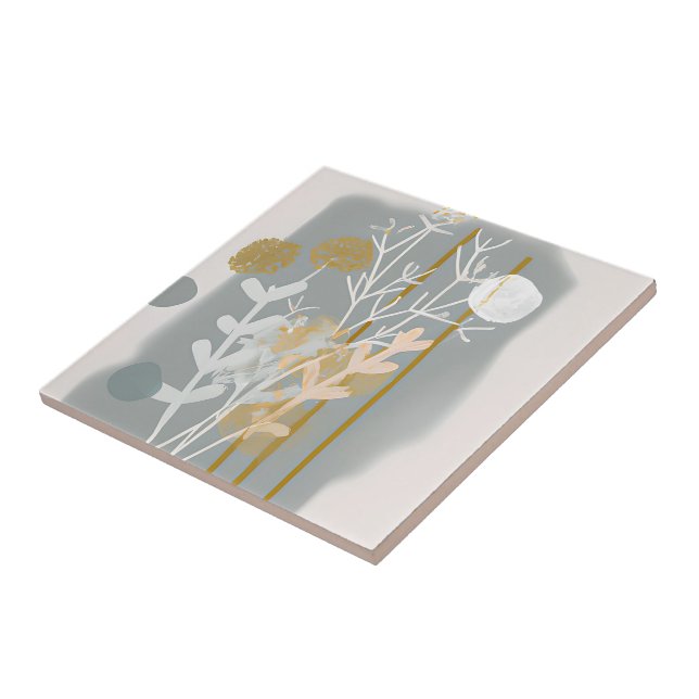Grey and gold abstract botanical minimalist art ceramic tile (Side)