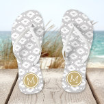 Grey and Gold Aztec Monogram Thongs<br><div class="desc">Custom printed flip flop sandals with a geometric Aztec pattern and your custom monogram or other text in a circle frame. Click Customise It to change text fonts and colours or add your own images to create a unique one of a kind design!</div>