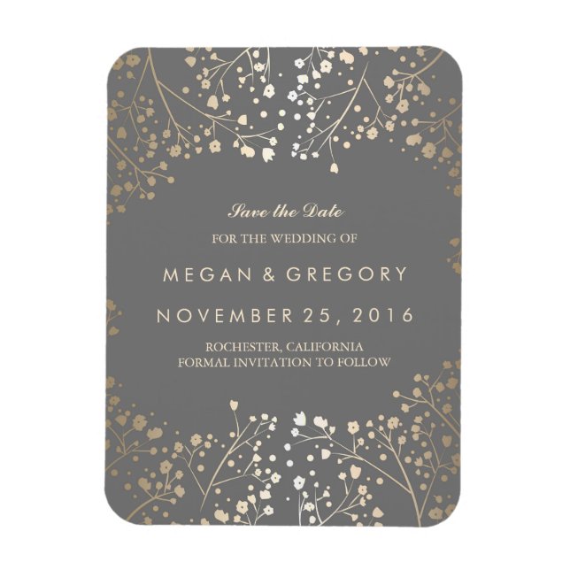 Grey and gold Baby's Breath Save the Date Magnet (Vertical)
