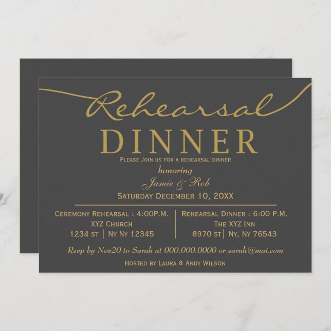 grey and gold Elegant Script Rehearsal Dinner Invitation (Front/Back)