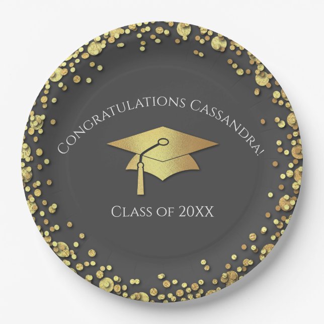 Grey and Gold Graduation Paper Plate (Front)