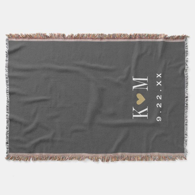 Grey and Gold Modern Wedding Monogram Throw Blanket (Front)