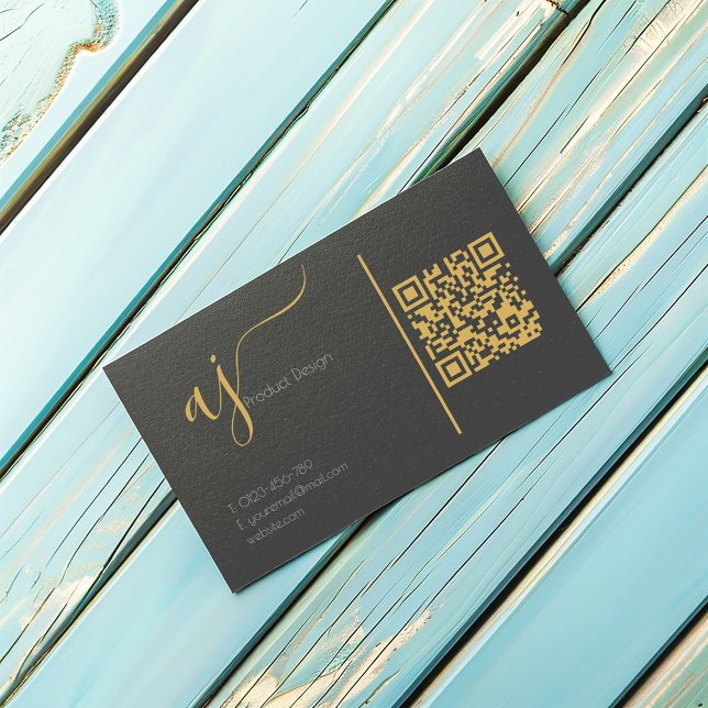 Grey and gold monogram QR code business card (Grey and gold coloured monogram QR code business card with space for your own QR code.)
