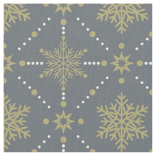 Grey and Gold Snowflakes Christmas Pattern Fabric (Close Up)