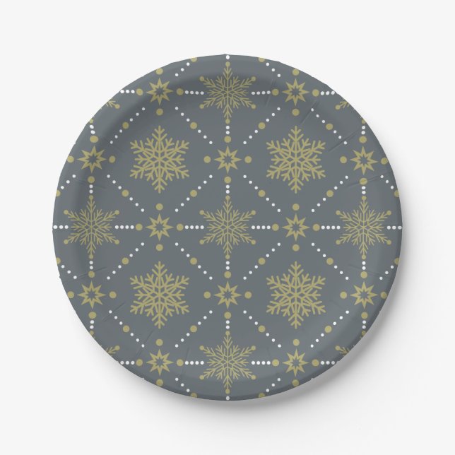 Grey and Gold Snowflakes Christmas Pattern Paper Plate (Front)
